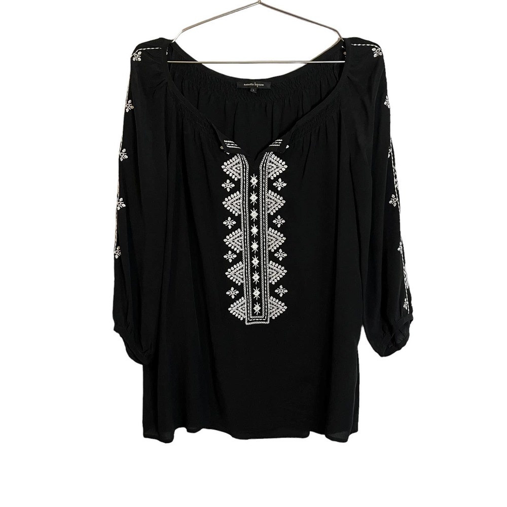 SOLD Nanette Lepore Black Silk White Embroidered Boho Peasant Top L